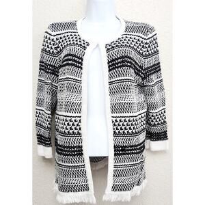 Kasper Black White Stripe Knit Open Front Cardigan Sweater Medium Fringe Hem